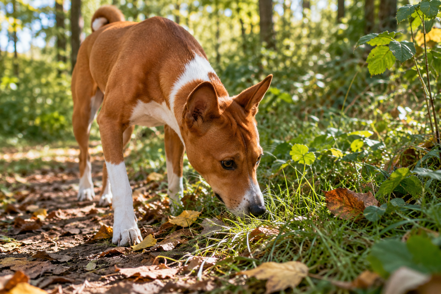 Basenji pokojne skúma pachy v tráve počas prechádzky
